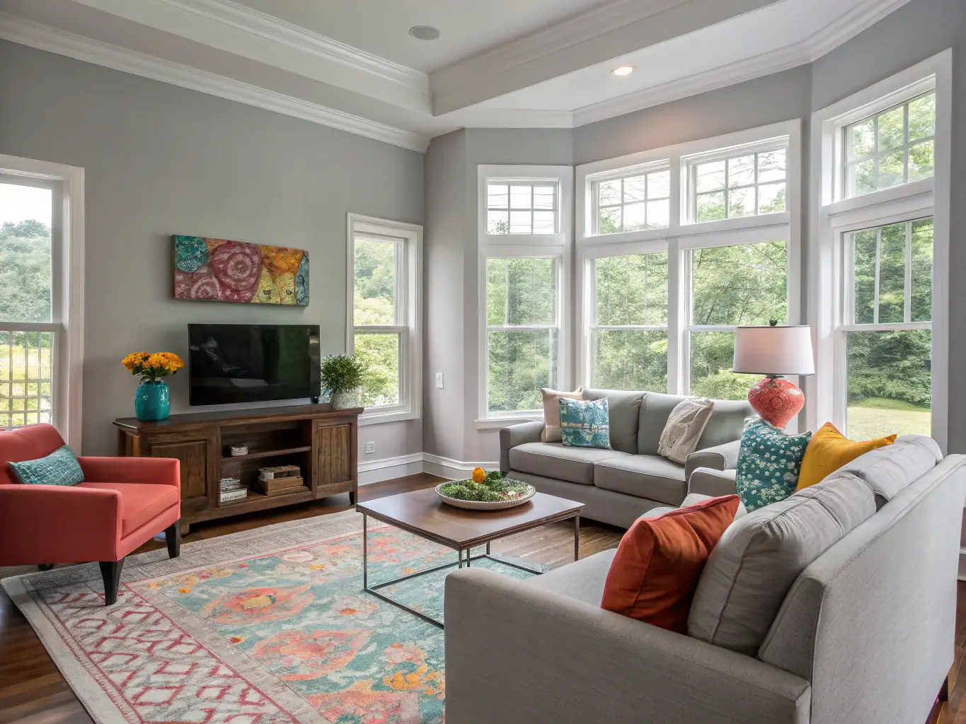 A beautifully painted living room showcasing a fresh color palette, highlighting the quality and aesthetic appeal of iREPAINT's residential painting services.